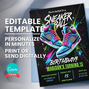 スニーカーボール誕生日招待状、ネオンスニーカーグラフィティパーティー、編集可能なテンプレート、印刷可能な誕生日招待カード、デジタル招待状の即時ダウンロード