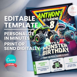 May include: A birthday party invitation with a monster truck theme. The invitation features two monster trucks, one green and one blue, with the text "Anthony is turning 8." The invitation also includes the text "It's a Monster Birthday."