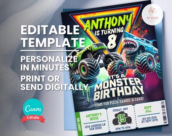 May include: A birthday party invitation with a monster truck theme. The invitation features two monster trucks, one green and one blue, with the text "Anthony is turning 8." The invitation also includes the text "It's a Monster Birthday."