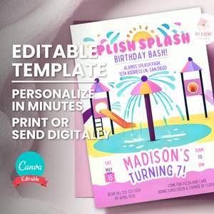Può includere: Un invito di compleanno a tema parco acquatico. L'invito presenta un'illustrazione colorata di un parco acquatico con scivoli e giochi d'acqua. Il testo include "Modello modificabile", "Madison compie 7 anni!" e i dettagli dell'evento.