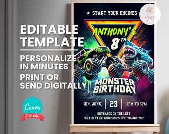 Monster Truck Birthday Welcome Sign, Editable 24x36" Template, Printable Poster