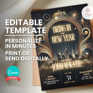 Invito alla festa di Capodanno, Porta l'invito al nuovo anno, Modello modificabile, Invito digitale senza carta, Volantino stampabile, Download immediato