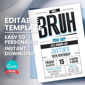 Bruh verjaardagsuitnodiging, elke leeftijd minimalistische bewerkbare digitale sjabloon, elk themafeest uitnodiging, Instant Download, afdrukbare verjaardagskaart