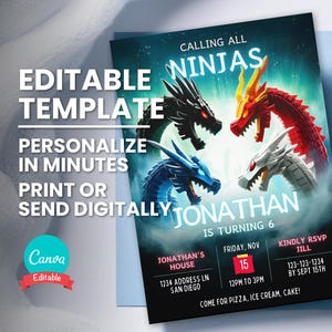 Invitación de cumpleaños ninja, invitación para fiesta de jinete de dragón ninja, plantilla editable, tarjeta de cumpleaños imprimible, descarga instantánea para teléfono digital.