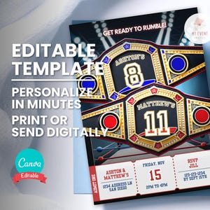 Wrestling Gelenk-Geburtstagseinladung, bearbeitbarer Gürtelname und Alter, Boxen MMA Ticket einladen, digitale Vorlage, druckbare Karte, Sofort Download
