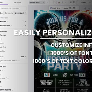 May include: A colorful graphic design for a football party. The design features two football helmets, one in green and blue and the other in red and yellow. The text "Join us for a Football Party" is in a large, bold font. The design also includes the text "Customize Info", "1000's of Fonts", "1000's of Text Colors", "Miami vs New York", "Hosted by the Smiths", "Jack's House", "Friday Nov 15", "Starts at 2pm", "Pizza Nachos", "RSVP Emily", "Pls Bring an Appetizer".