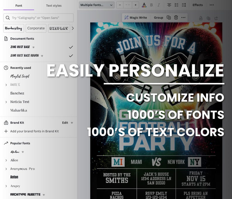 May include: A colorful graphic design for a football party. The design features two football helmets, one in green and blue and the other in red and yellow. The text "Join us for a Football Party" is in a large, bold font. The design also includes the text "Customize Info", "1000's of Fonts", "1000's of Text Colors", "Miami vs New York", "Hosted by the Smiths", "Jack's House", "Friday Nov 15", "Starts at 2pm", "Pizza Nachos", "RSVP Emily", "Pls Bring an Appetizer".