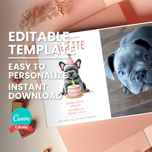 Graue Frenchie Geburtstags-Fotoeinladung, bearbeitbares Kerzenalter, benutzerdefiniertes Foto, französische Bulldogge einladen, digitale Vorlage, Sofort-Download