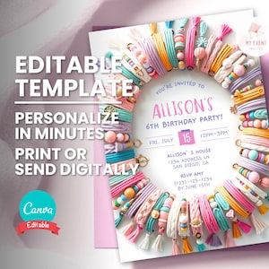 Faire-part de l'amitié avec bracelet, anniversaire sur le thème des bijoux, invitation à une fête de fabrication de perles, modèle numérique, carte d'anniversaire à imprimer, téléchargement immédiat