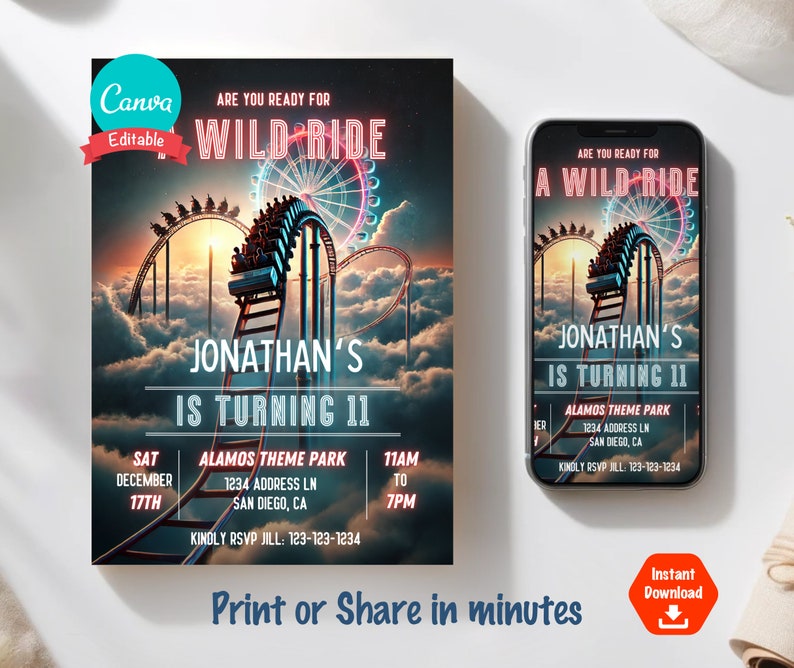 Roller Coaster Invite for Amusement Park Birthday Party Invitation ...