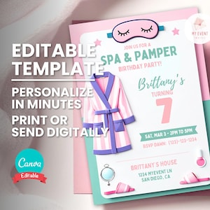 Faire-part pour une fête spa et soins, invitation d'anniversaire pour une journée au spa, faites-vous plaisir, modèle modifiable, invitation numérique, carte imprimable, téléchargement immédiat