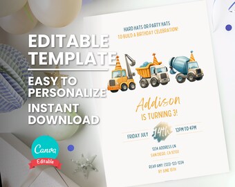 May include: Editable template for a construction themed birthday party invitation. The invitation features a yellow and blue construction truck, a cement mixer, and the text "Addison is turning 3!" with a date and time.