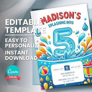 Puede incluir: Una invitación de cumpleaños azul y blanca con un gran número 5 en el centro. El número está rodeado de agua azul y salpicaduras de colores. El texto "Madison's Splashing into 5" está en la parte superior de la invitación. La invitación también incluye la fecha, la hora y la información de RSVP.