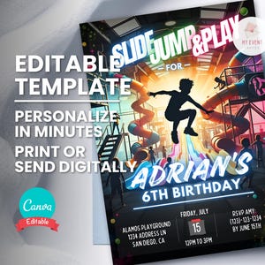 May include: A colorful birthday party invitation with the text "Slide Jump & Play" and "Adrian's 6th Birthday." The design features a silhouette of a child jumping, with slides and playground equipment in the background. The invitation is editable.