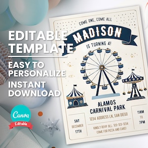 Carnaval verjaardagsuitnodiging voor carnaval eerlijke verjaardagsuitnodiging, themapark, funpark feestsjabloon met carrousel en reuzenradritten