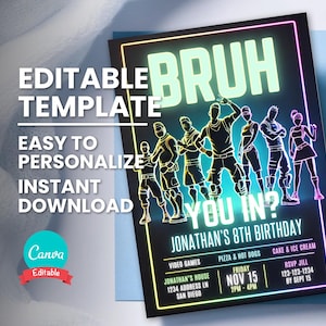 Convite de aniversário Neon Bruh, cartão de convite para festa de videogame para qualquer idade, modelo digital editável, download instantâneo, convite de aniversário para impressão