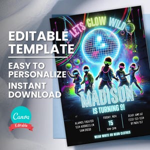 Glow verjaardagsuitnodiging, laat Glow Party uitnodigen, elke leeftijd, bewerkbare sjabloon, Instant Download, afdrukbare neon Glow in the Dark verjaardagskaart