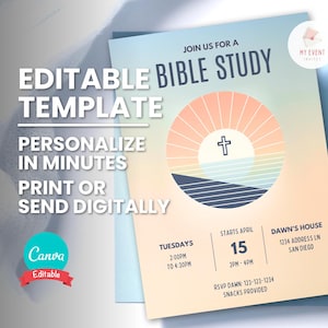Faire-part d'étude de la Bible, tout thème, invitation à un service d'événement religieux, modèle modifiable, carte imprimable, invitation électronique sans papier numérique, téléchargement immédiat