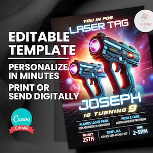 Könnte beinhalten: Einladung zur Lasertag-Party mit zwei futuristischen Laserpistolen in Schwarz und Blau mit roten und violetten Akzenten. Die Einladung enthält den Text "Bearbeitbare Vorlage", "In Minuten personalisieren" und Eventdetails für Josephs 9. Geburtstag.