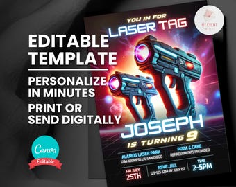Laser Tag Invitation, VR Printable Birthday Card, Editable Digital Template, Instant Download