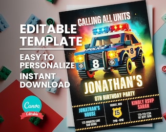 May include: Editable template for a police car themed birthday party invitation. The invitation features a blue and black police car with flashing lights and the text "Calling All Units" and "Jonathan's 8th Birthday Party".