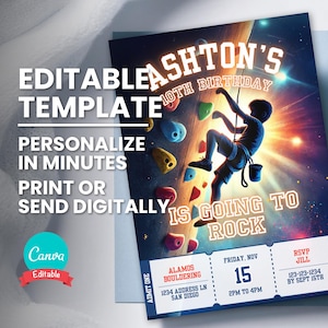Convite de aniversário para escalada, convite para festa de escalada, modelo digital editável, download instantâneo, cartão para festa de aniversário para impressão