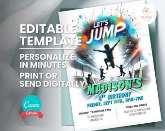 Trampoline Birthday Invitation, Let's Jump Party Invite, Editable Canva Template, Printable Digital Card, Any Age, Instant Download