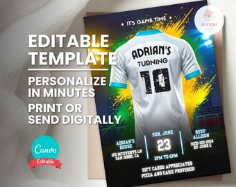 Editable Soccer Birthday Invitation, White Jersey Football Party Invite, Printable Kids Template, Custom Name Age Number, Instant Download