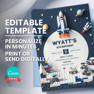 May include: A blue and white birthday party invitation with a rocket ship, stars, and planets. The text reads "Wyatt's 6th Birthday" and includes the date, time, and location of the party.