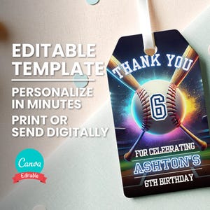 Baseball Dankeschön-Tag, bearbeitbares Alter, Partygeschenktütenzubehör, bedruckbare Tasche Partybevorzugung, Geschenkanhängervorlage für Baseballspiel oder Spieler