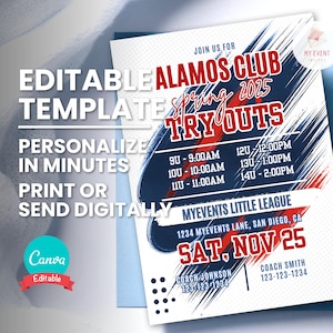 Tryout Invitation, Any Sport Team League or Association Invite, Navy Red Editable Template, Printable Flyer, Digital Evite Instant Download