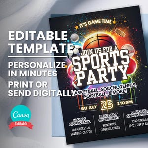 Convite para esportes, convite para o dia dos esportes, panfleto para o dia de campo, modelo editável, convite eletrônico digital, cartão de panfleto para impressão, download instantâneo