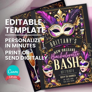 Invitación de despedida de soltera de Nueva Orleans, itinerario de invitación de fin de semana de despedida de soltera, plantilla editable, tarjeta imprimible, descarga instantánea