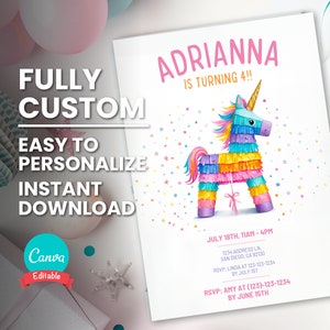 Bearbeitbarer Regenbogen-Einhorn-Piñata-Geburtstags-Einladung für Kinderpony Piñata-Geburtstags-Party Einladung für Kind-Baby-Einhorn-Geburtstags-Einladungs-Karte
