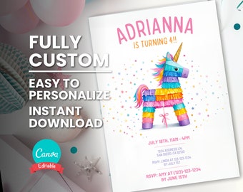 Editable Rainbow Unicorn Pinata Birthday Invite for Kid Pony Piñata Birthday Party Invitation for Child Baby Unicorn Birthday Invite Card