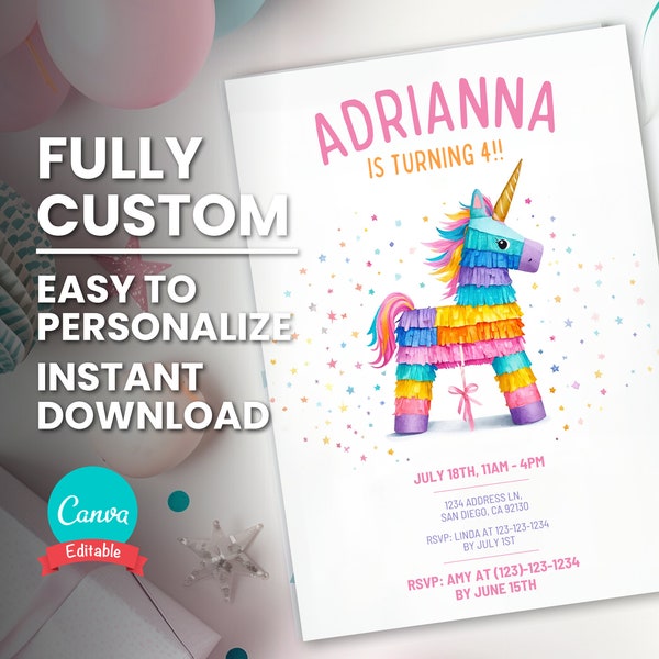 Editable Rainbow Unicorn Pinata Birthday Invite for Kid Pony Piñata Birthday Party Invitation for Child Baby Unicorn Birthday Invite Card