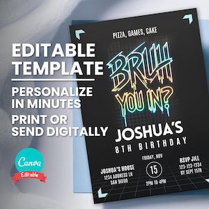 Bruh verjaardagsuitnodiging, elke leeftijd, elk thema digitale sjabloon, bewerkbare neon glow feestuitnodiging, Instant Download, afdrukbare verjaardagsuitnodiging kaart