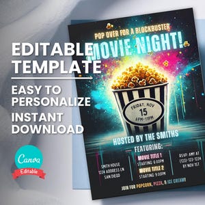 Convite de filme, festa em casa ou no cinema, panfleto para festa de cinema ao ar livre no quintal, modelo editável, convite para impressão, convite digital