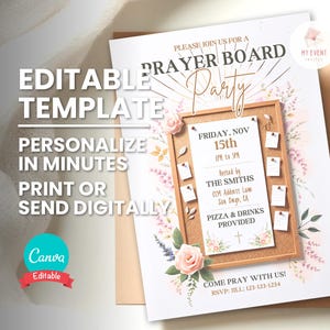 Pode incluir: Um modelo de convite imprimível para uma festa de quadro de oração. O convite apresenta um design floral com um quadro de cortiça e o texto "PLEASE JOIN US FOR A PRAYER BOARD PARTY". O convite também inclui a data, a hora, o local e as informações de RSVP.