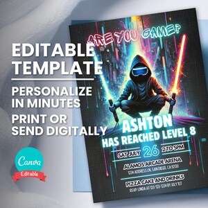 Convite de aniversário VR, convite para festa de jogador, modelo editável de videogame para qualquer idade, texto digital Evite, cartão de aniversário para impressão, download instantâneo