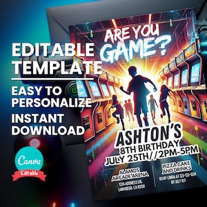 Invitation de fête d'anniversaire d'arcade pour anniversaire d'arcade vidéo d'ado, invitation d'arène de jeu, centre de divertissement, salon de jeu, modèle numérique modifiable