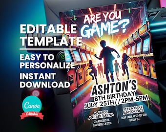May include: A colorful invitation for an 8th birthday party with a retro arcade theme. The invitation features a pixelated image of children playing arcade games with the text "Are You Game?" and "Ashton's 8th Birthday July 25th/2PM-5PM".