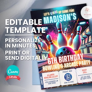 Bowling & Arcade Geburtstagseinladung, Party Ticket einladen, jedes Alter bearbeitbare digitale Vorlage, sofortiger Download, druckbare Bday Party Card