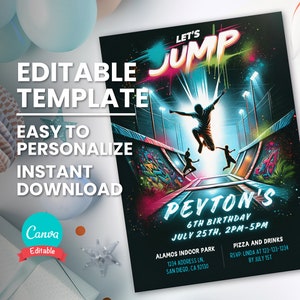 Trampolin Park Party einladen für Trampolin-Geburtstagsfeier-Einladung, Teen Jump Party, Teen Parkour Geburtstagseinladung, Lets Jump Party ein