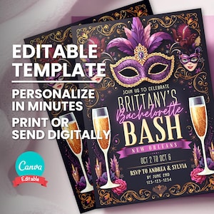 Invitaciones para despedida de soltera en Nueva Orleans, itinerario para despedida de soltera, plantilla editable, tarjeta imprimible, descarga instantánea