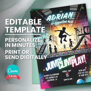 Convite de aniversário para playground, convite para pular e escalar, brinquedo de academia na selva interna, modelo digital editável, download instantâneo