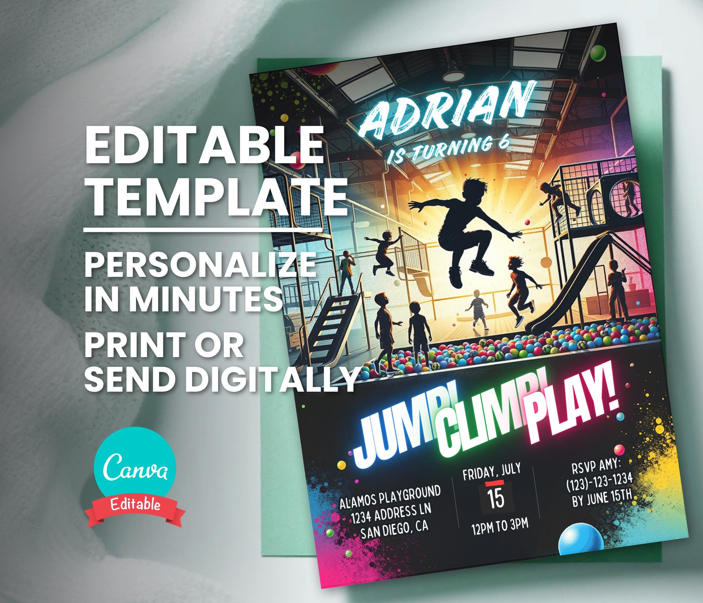 Playground Birthday Invitation, Let's Jump Climb Play Invite, Indoor Jungle  Gym Soft Play, Editable Digital Template, Instant Download, image size:2382x2043