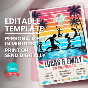 Invito di compleanno retrò in piscina, invito per festa in piscina per adolescenti, modello modificabile, invito digitale, biglietto di compleanno stampabile, download immediato