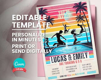 May include: Editable Canva template for a pool party invitation. The invitation features a colorful retro design with silhouettes of people jumping into a pool. The text reads "Lucas & Emily are turning 6 & 8" and includes details about the party, including the date, time, location, and RSVP information.