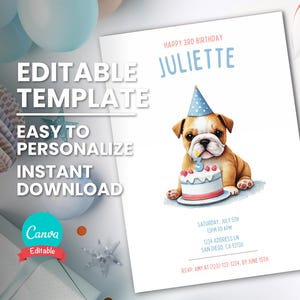 Convite de aniversário de buldogue inglês, idade de vela editável, convite para festa de filhotes de buldogue britânico, modelo digital para impressão, download instantâneo